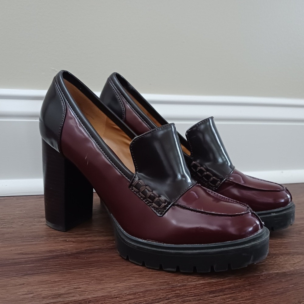 Nine West Women Mad4You Burgundy Black Block Heel Platform Loafers Size 7M